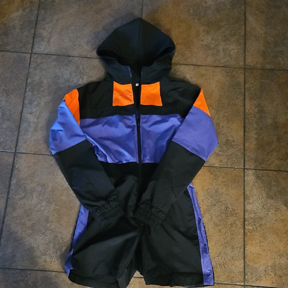 Black and Purple Hooded Jumpsuit Romper with Orange Accents